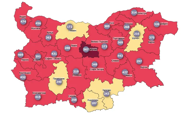 COVID картата: Габрово в тъмночервената зона. Още осем области близо до нея