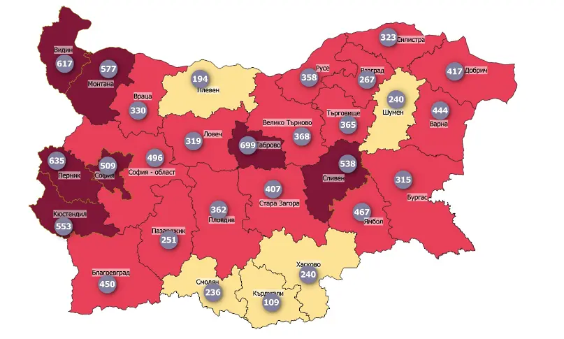 COVID картата: седем в тъмночервено и София-област на ръба